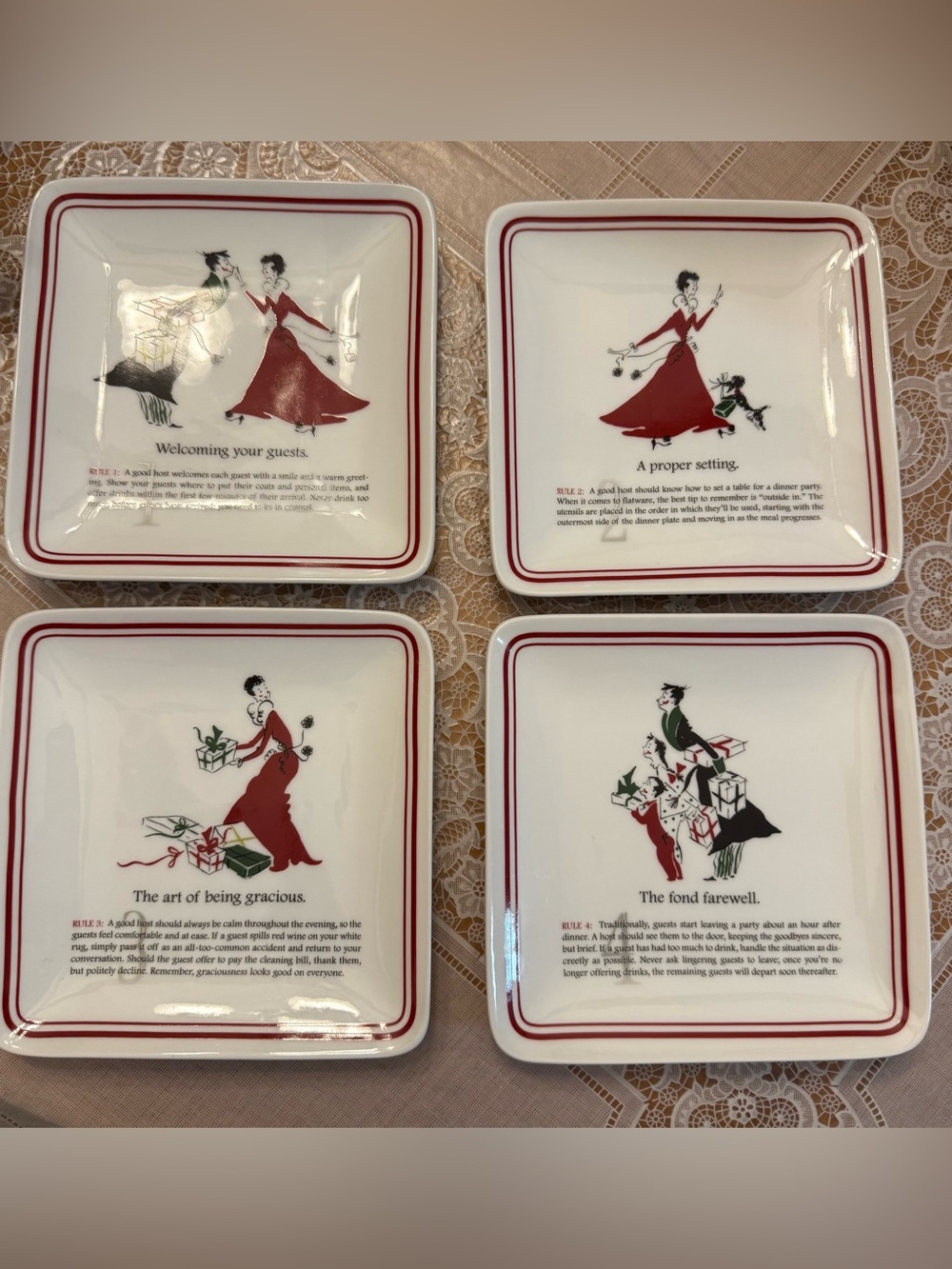 WILLIAMS SONOMA Plates Appetizer Dessert Etiquette Hostess Rules Set of 4